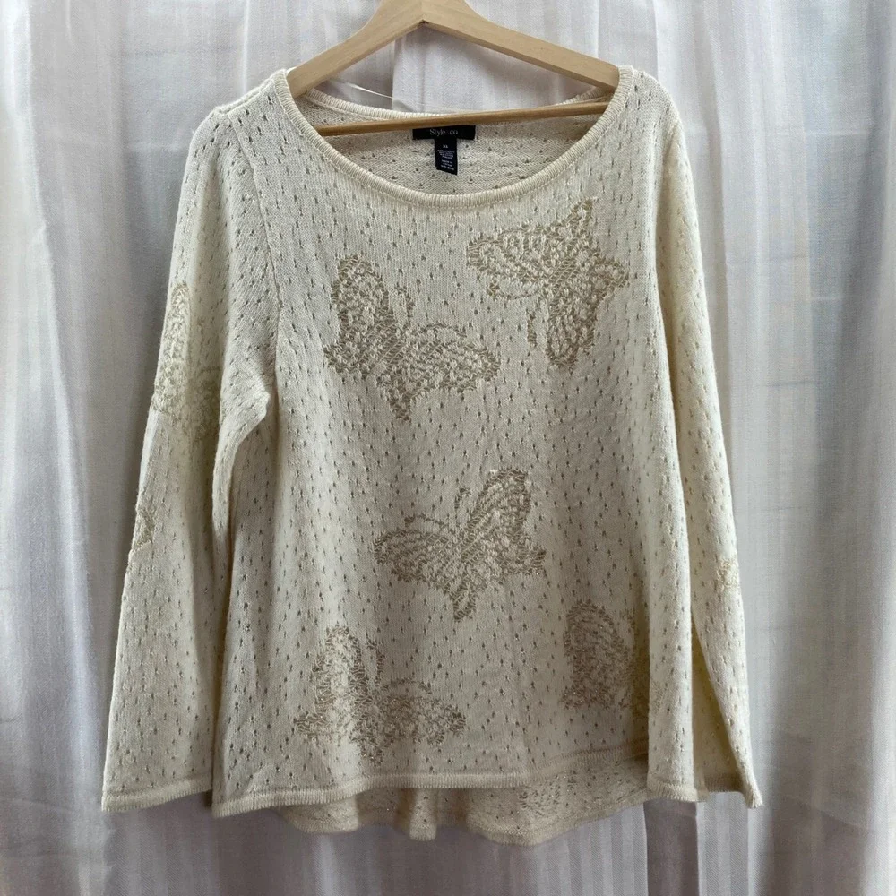 Style & Co‎ Womens Butterfly Knit Sweater Cream XL Long Sleeve Sparkle